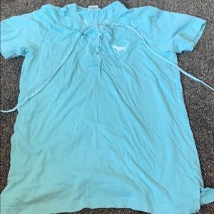 Teal blue pink tie shirt